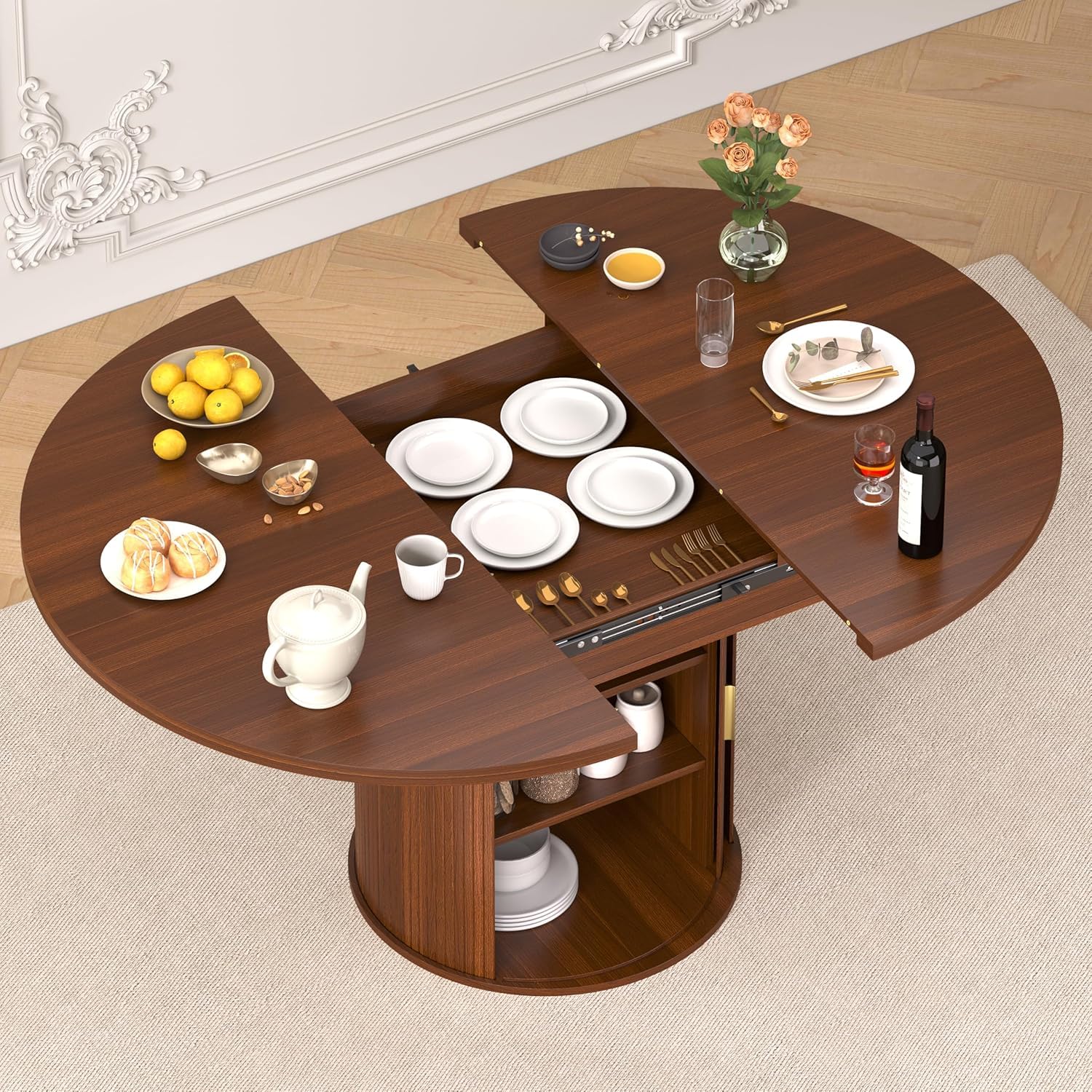 Kitchen Appliances Table - 확장형 원형 식탁: 47″–63″ 4인용, 6인용,