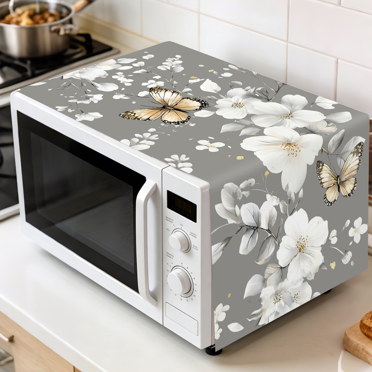 Kitchen Appliances In White - 1pc 흰색 꽃 전자레인지 먼지 커버